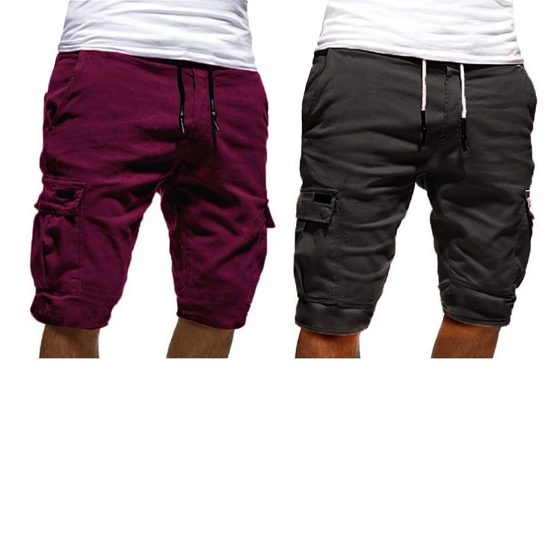 

2X Men's Casual Multi-Pocket Men's Five-Point Pants Men's Shorts Drawstring Baggy Loose XXL Wine Red / Dark Gray