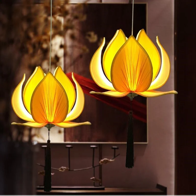 New Chinese fabric Zen lotus chandelier classical lotus lantern Buddhist temple living room restaurant engineering lamps