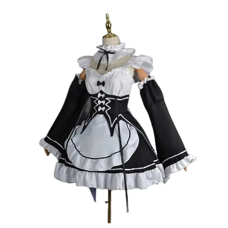 Фото Костюм для косплея Рам и Рем из аниме Re:Zero Kara Hajimeru Isekai Seikatsu, платье, парик, фартук, костюм горничной Рем, костюмы на Хэллоуин для женщин №3