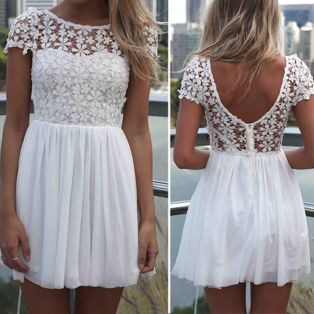 

White Beach Dress Evening Party Casual Dresses Dress Summer Strappy Lace O-neck Lace Dresses Backless Female