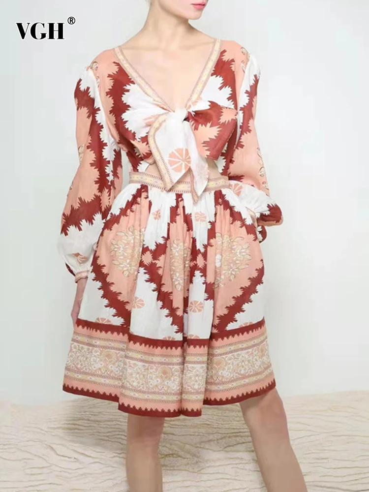 

VGH Vintage Print Dress For Women Round Neck Long Puff Sleeve Patchwork Bowknot High Waist Mini Dresses Female Spring 2022 New