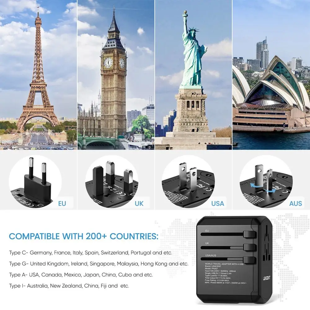 

Universal Accessories US/EU/UK plug Electrical Plugs Wall Charger 4 USB Ports Travel Adapter Travel Charger