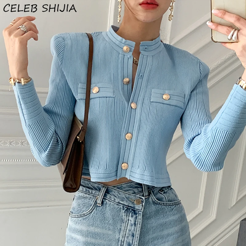 Chic Blue Knitted Cardigan Woman 2022 Gold Button Vintage Sweater Female Single-breasted Business Cropped Sweater Woman Tops