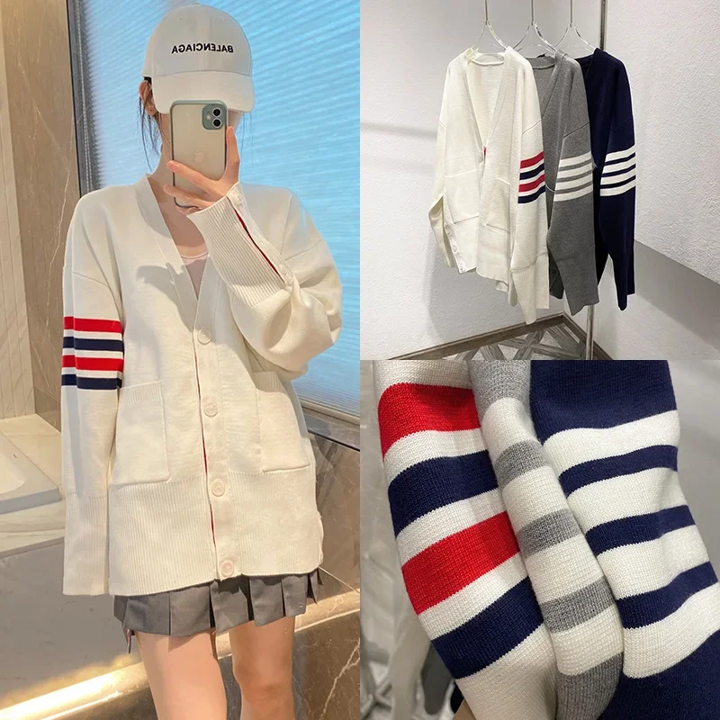 

TB Knitted Cardigan V-neck Outerwear Trendy Korean Version Versatile Ins Autumn/winter Sweater Outerwear Trendy Brand
