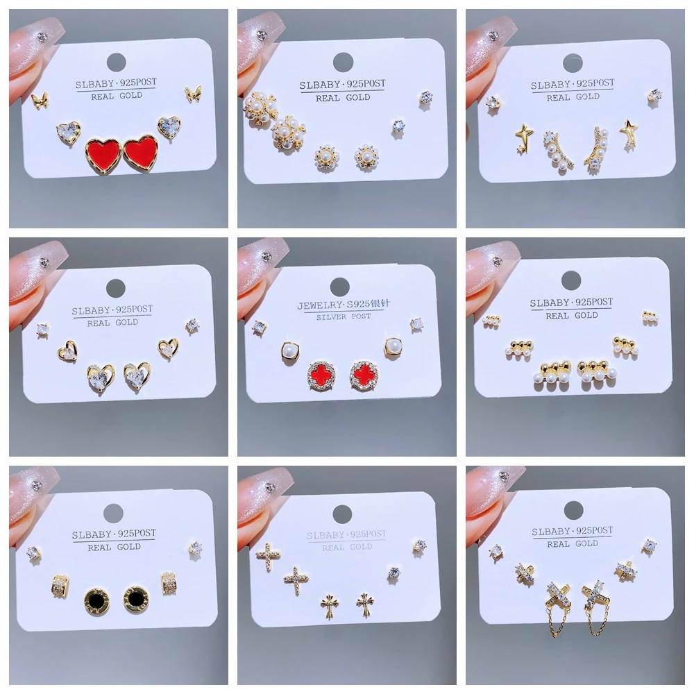 

3 Pairs/Set Fashion Cross Heart Round Stud Earrings for Women Gold Color Cubic Zirconia Jewelry