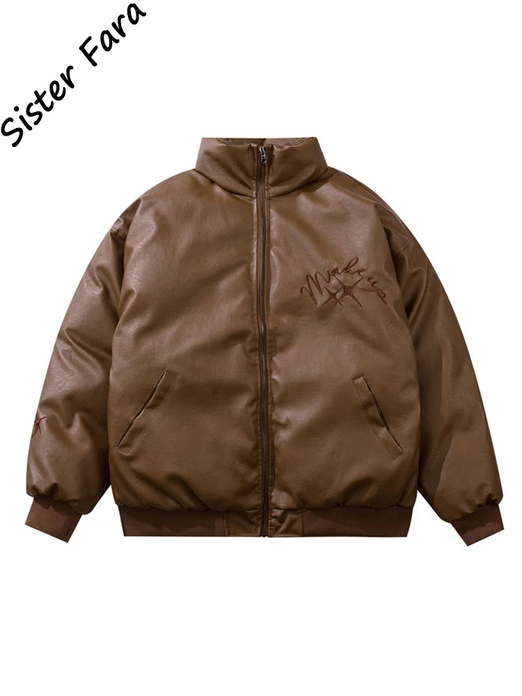 

Sister Fara Letter Embroidery PU Leather Down Jacket Winter Women's Stand Collar Down Jacket Female PU Leather Down Jacket Coat