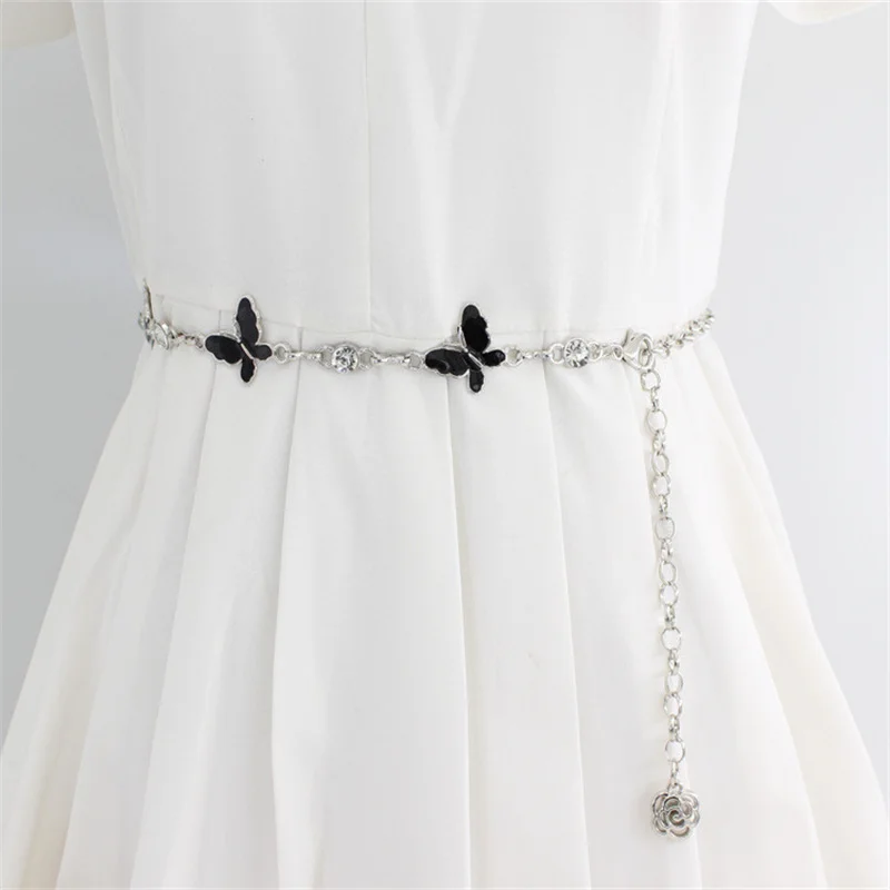 Black Bowknot Decorative Metal Adjustable Waist Chain Women's Small Fragrant Style Pair Dress Sweater Flower Pendant Chain