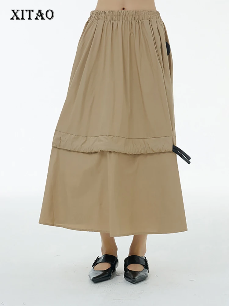 

XITAO Solid Color Patchwork Shirring Elastic Waist Skirts 2022 Summer New Arrival Casual Fashion Temperament All Match WMD6843
