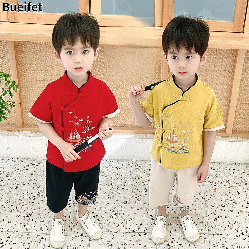 Boys Vintage Suit Chinese Traditional Kids Costumes Tops Pants 2 Piece Hanfu Sets Embroidery Tang Suit Kids New Year Hanfu