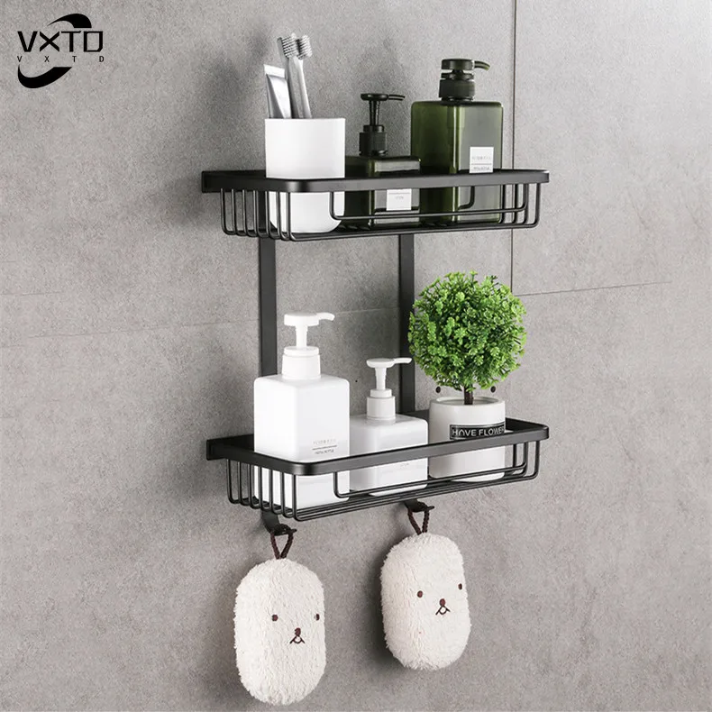 

Wall Mounted Bathroom Shelf Black Aluminum Square Shampoo Shelf Cosmetic Shelves Kitchen Nets Shelf Organizer Rack