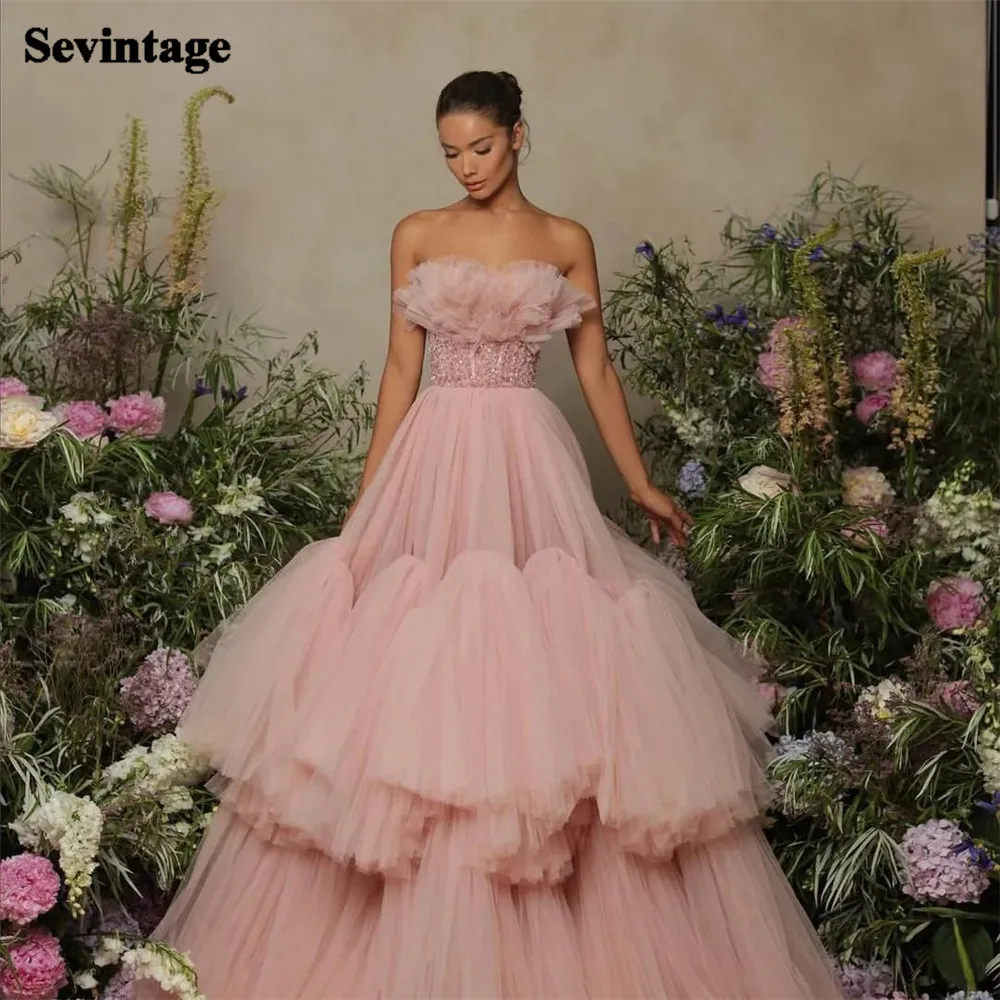 

Sevintage Elegant Soft Tulle Prom Dresses Strapless Ruffles Tiered A-Line Floor Length A Line Formal Women Evening Gowns 2023