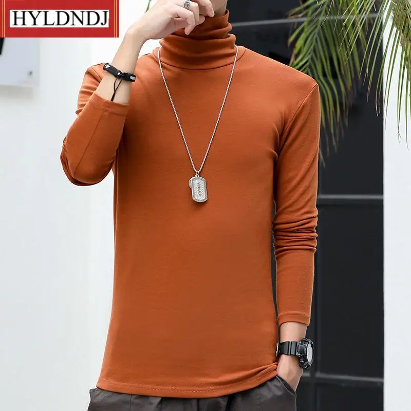 Male New Casual Jumpers Autumn Winter Turtleneck for Men Solid Colour Slim Elastic Pullover Long Sleeve T Shirts 2023