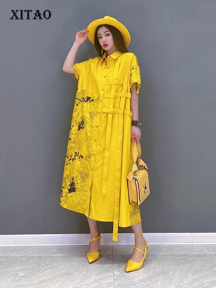 

XITAO Print Patchwork Single Breasted Turn-down Collar Dress 2022 Summer New Casual Fashion Temperament All Match WLD7707
