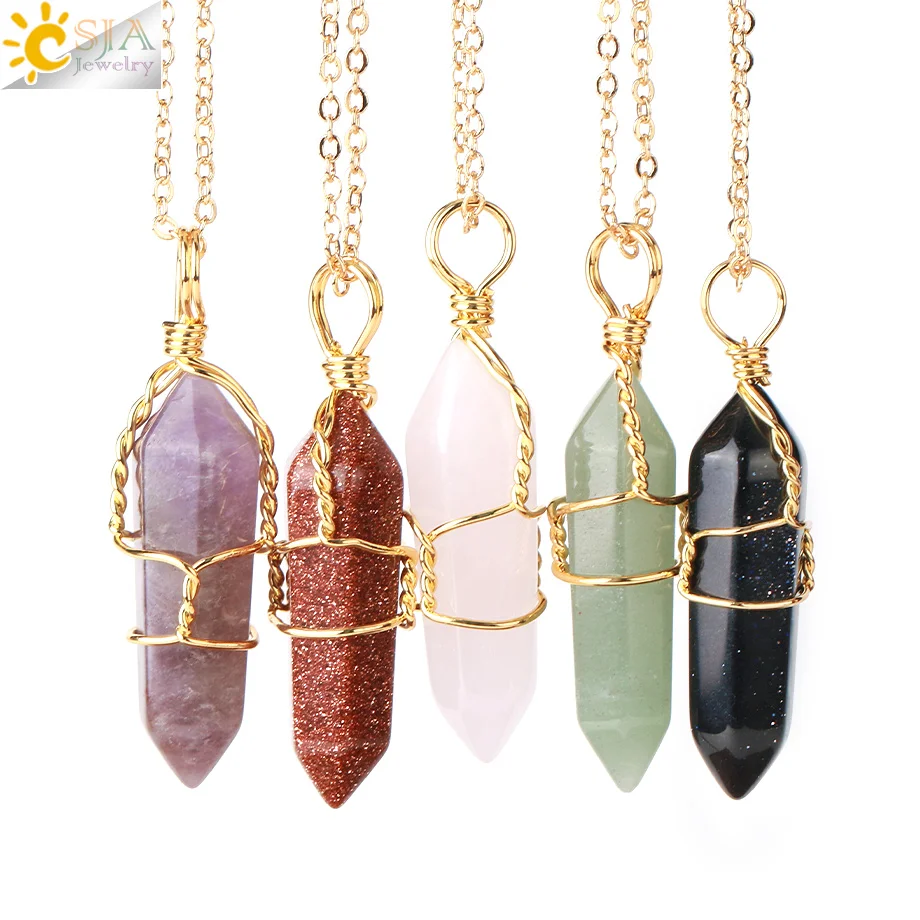 

CSJA 2022 Hexagonal Cylindrical Crystal Necklace Natural Stone Quartz Pendant Healing Point Gold Color Wire Wrap Pendulums G904