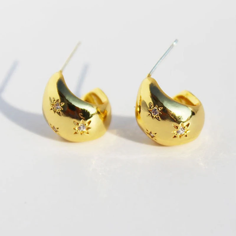 

Peri'sBox Gold Color Dome Earrings with Cubic Zirconia Delicate Octagonal Star Large Ear Studs Chunky Smooth Earrings for Women