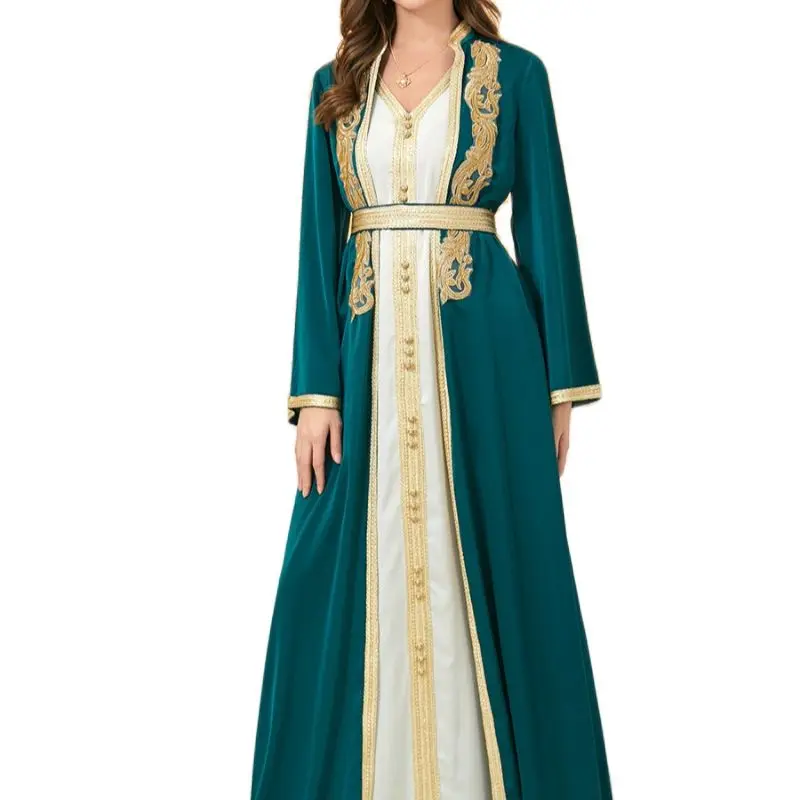 

2-piece Abaya Muslim Set Women Embroidered Open Abayas + Slip Long Dress Dubai Moroccan Kaftan Party Matching Suits Autumn