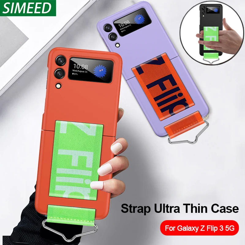 

For Samsung Galaxy Z Flip 3 Case with Strap Wristband Protection Capa for Samsung Z Flip 3 5G Case Ultra Thin Plastic PC Cover