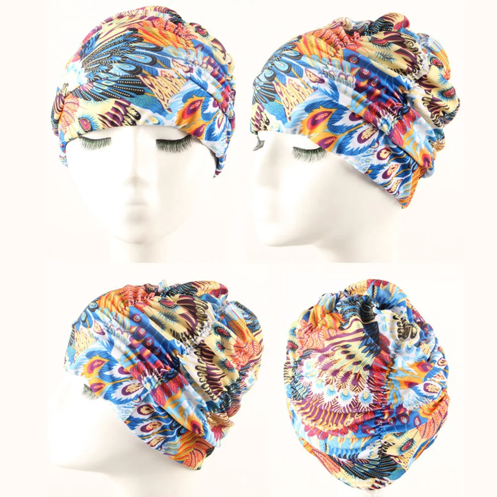 

Women Swimming Cap Stretch Hat Nylon Pool Pleated Fashion Adult Beach Long Hair Elastic Flower Printed Bathing