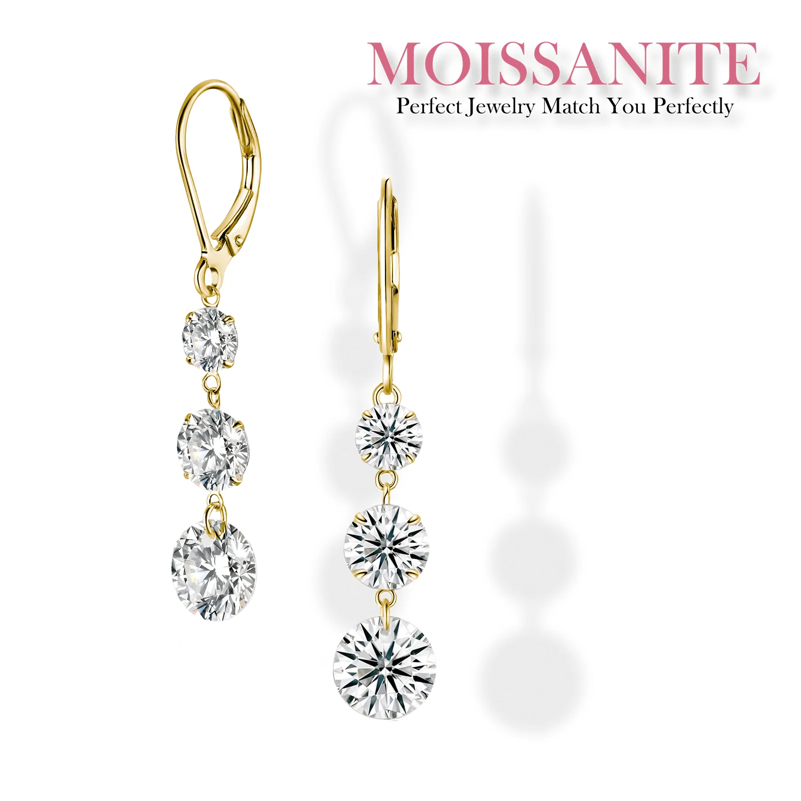 Позолоченные серьги-капли из муассанита 7 карат — серебро S925 с тройными