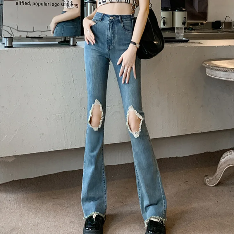 

#3117 Summer Long Ripped Denim Jeans Women Holes Blue Black Sexy Vintage Stretch Cotton Thin Bell Bottom Jeans Female High Waist