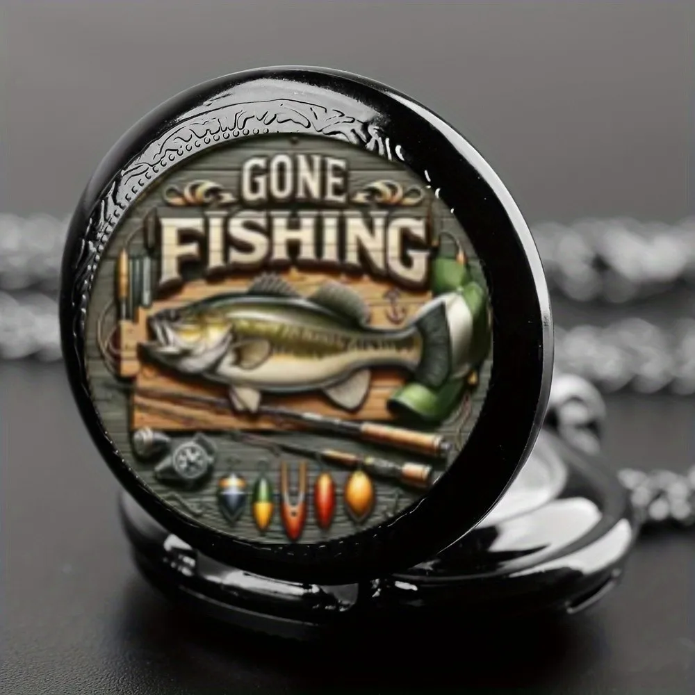 Фото Уникальные винтажные кварцевые карманные часы с узором Gone Fishing и подвесной цепочкой — функция мирового времени, отличный подарок для мужчин и подростков №2