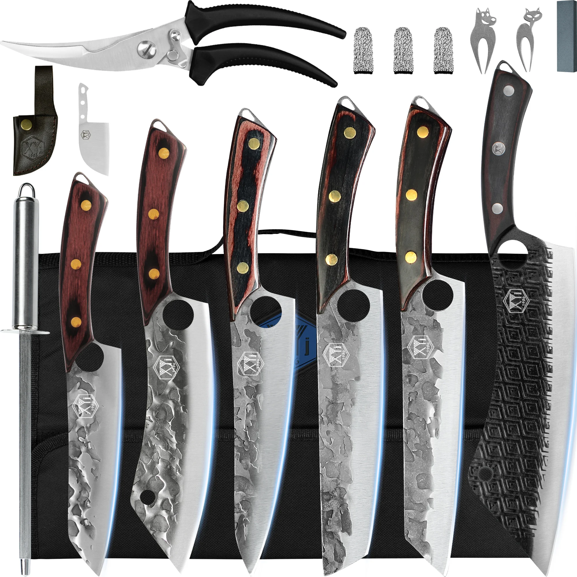 

Professional Kitchen Knives Set Forged Handmade Slicing Filleting Chef Knife Kit With Roll Bag Scissors Sharpening Bar Gift Set
