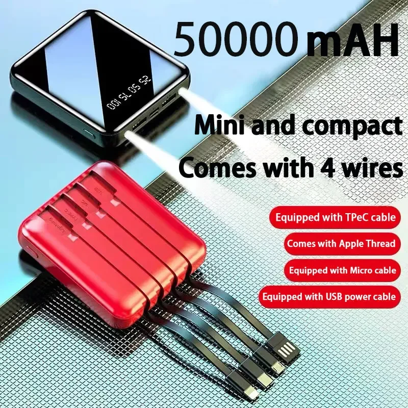 

New50000mAh Power Bank Mirror Digital Display Screen Built-In Cord Mobile Power Supply Compact Portable Mobile Phone Accessories