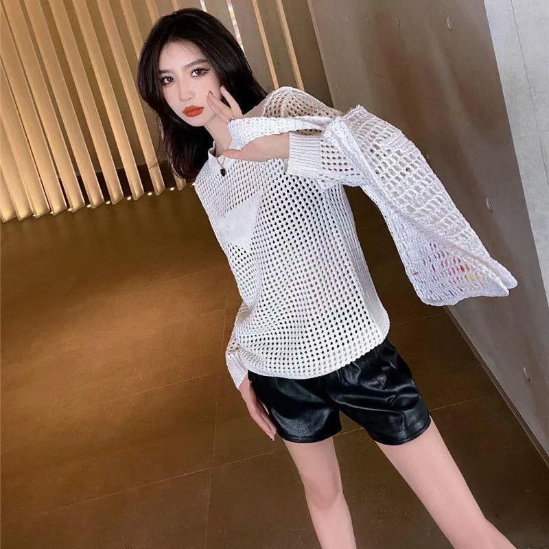 

Women's Hollow Beach Out Sexy Tshirt Long Sleeve Tops Streetwear Club Party Knitted See Though Oversized Tee Shirts