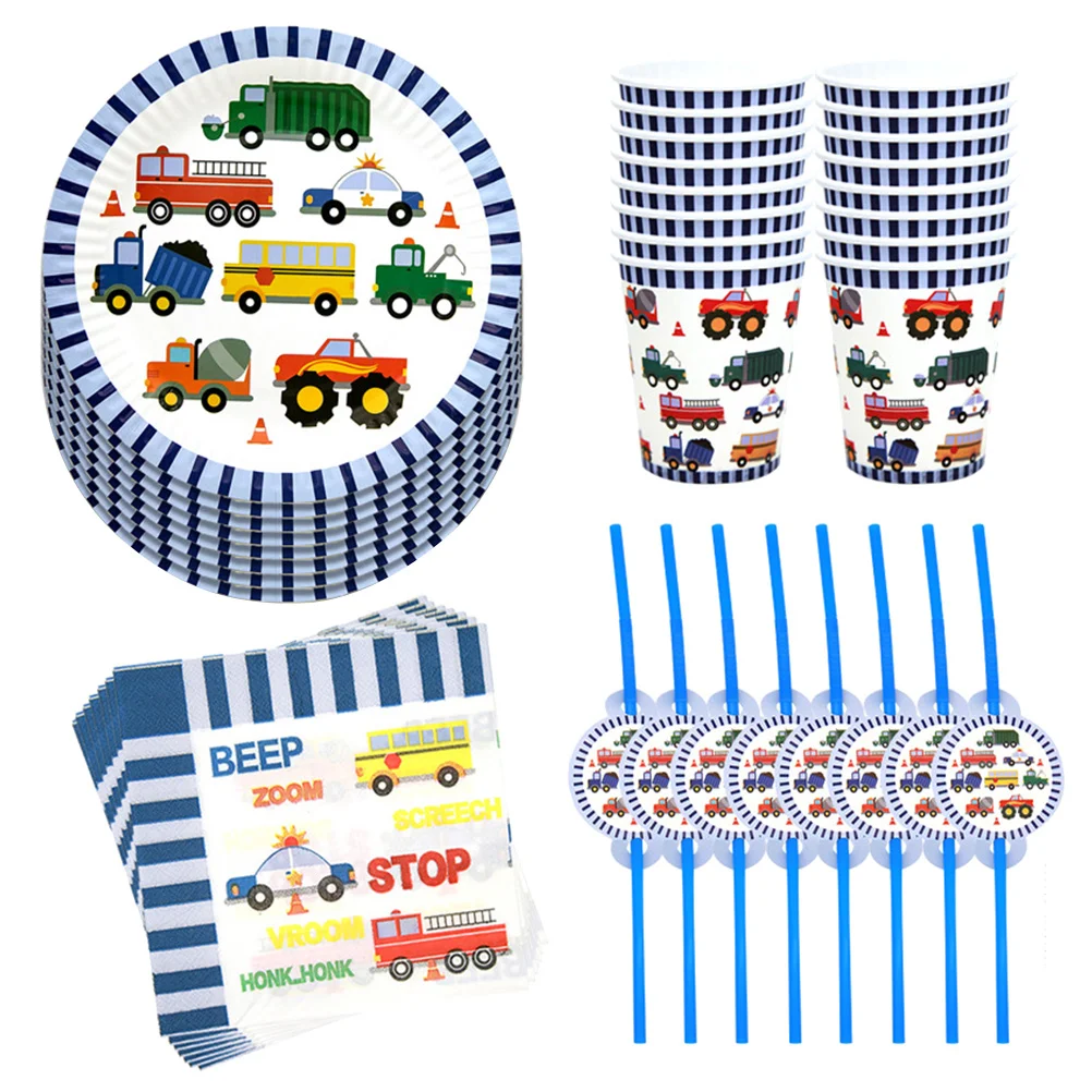 

Paper Tableware Party Set Birthday Plates Construction Traffic Cup Car Vehicle Napkins Supplies Plate Disposable Transportation