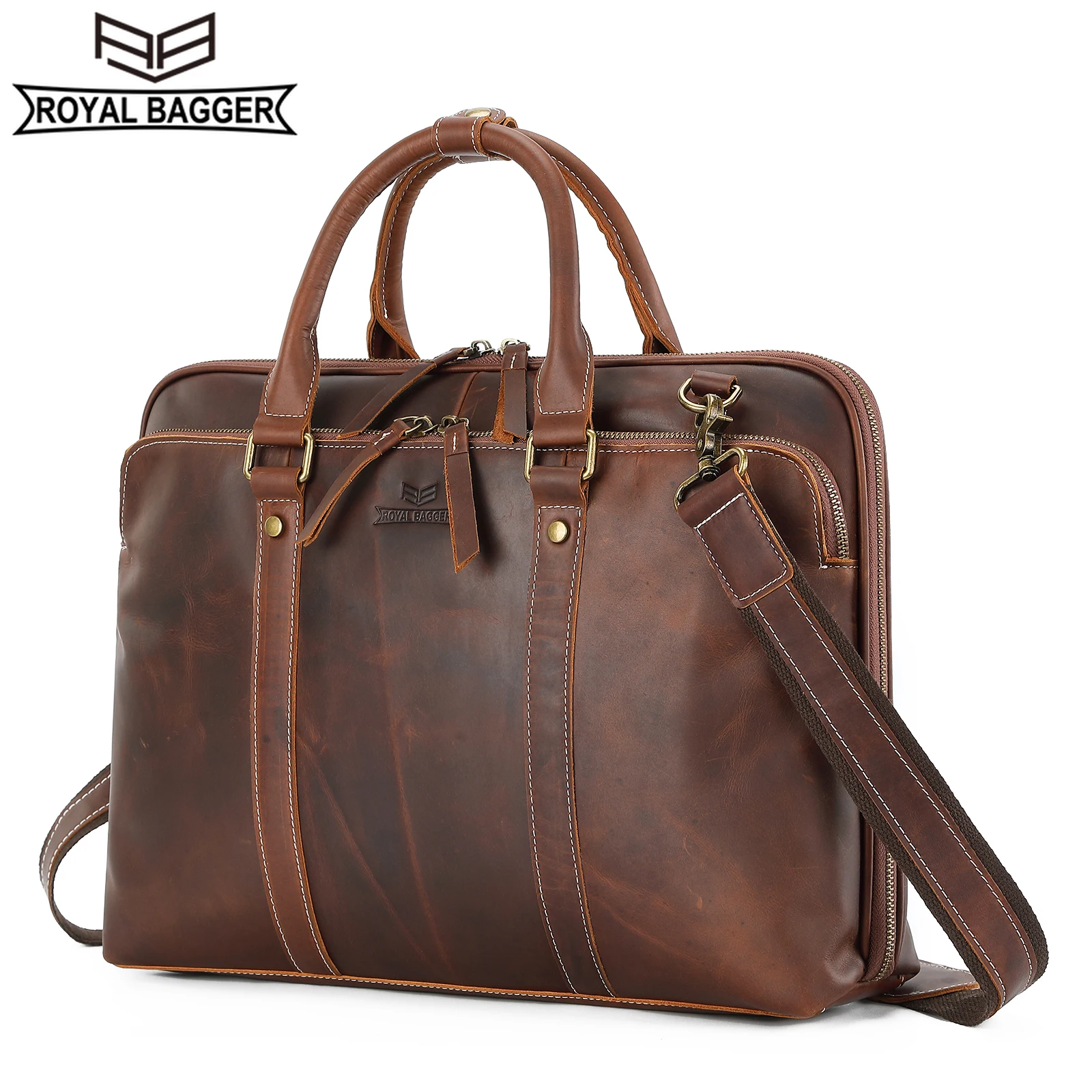 Royal Bagger Laptop Briefcase for Men Genuine Cow Leather Man Handbag Business Shoulder Bag Crazy Horse Leather Messenger Bags