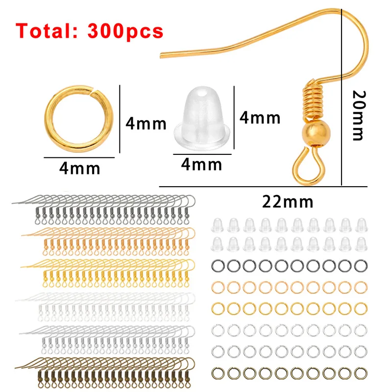 300pcs Hypoallergenic Earrings Hook Kit Ear Wires Fish Clasps Hooks Open Jump Rings Earplugs For DIY Jewelry Making Accessories