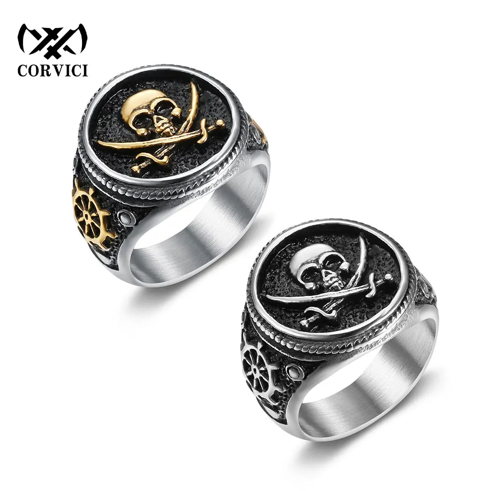 CORVICI Brand Pirate Skeleton Punk Rings Stainless Steel Vintage For Motorcycle Biker Man Gothic Rock Mens Animal Finger Ring
