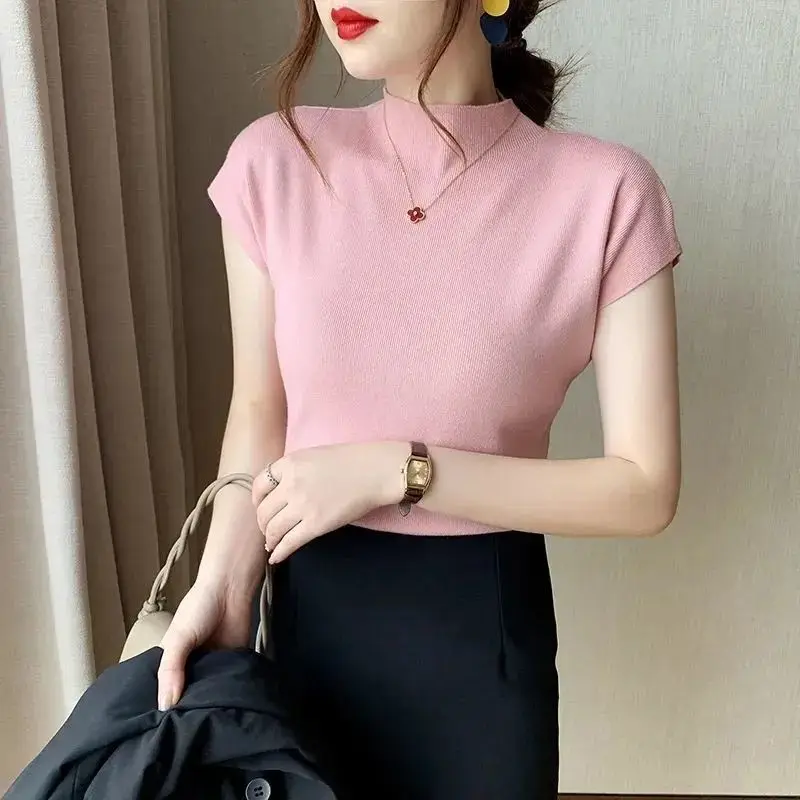 

2022 New Spring Summer T Shirts Mid-neck Slim Sleeveless Knitted Bottoming Shirt for Women Y2k Solid Tops Short-sleeve Tees