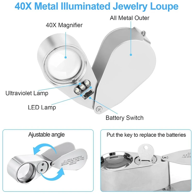 4 шт. ювелирная лупа с подсветкой 10X 20X 30X 40X цельнометаллические увеличительные