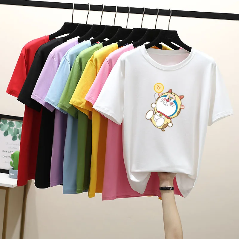 

Fashion Women Short Sleeve T-Shirt Ladies Funny Harajuku T Shirts Summer Casual Tops Female Cute Cartoon Doraemon Printing Tees