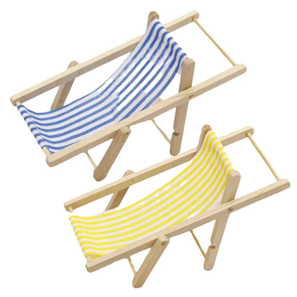 

2 Pcs House Model Miniature Lounge Chair Fold Chairs Furniture Micro Landscape Beach Foldable Linen Folding