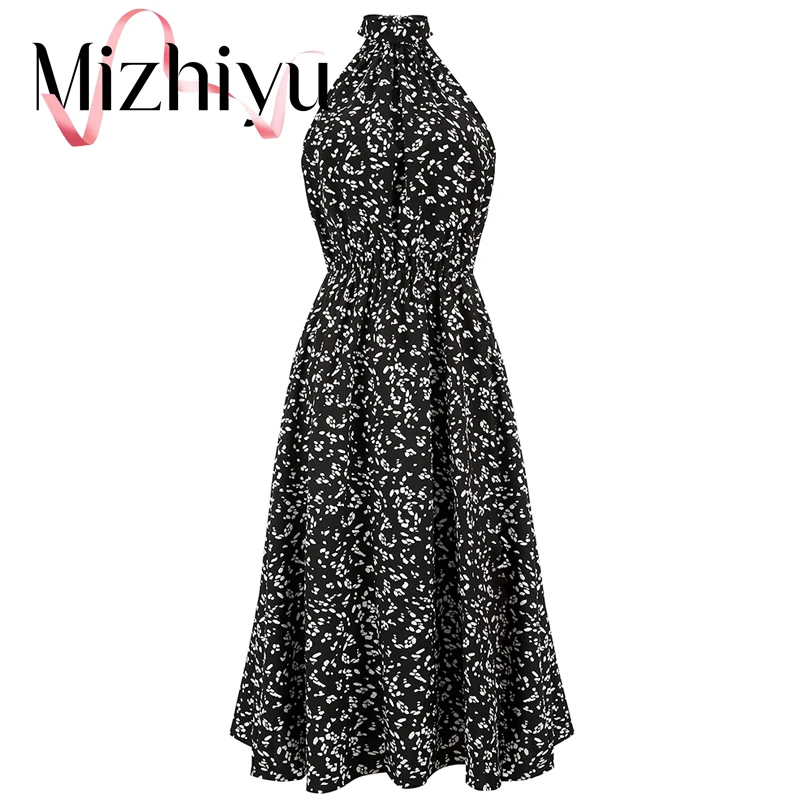 

Mizhiyu 2022 New Sexy Sleeveless Halter Dress Club Party Fashion Print Pleated Dress Summer Beach Vacation Women's Clothing