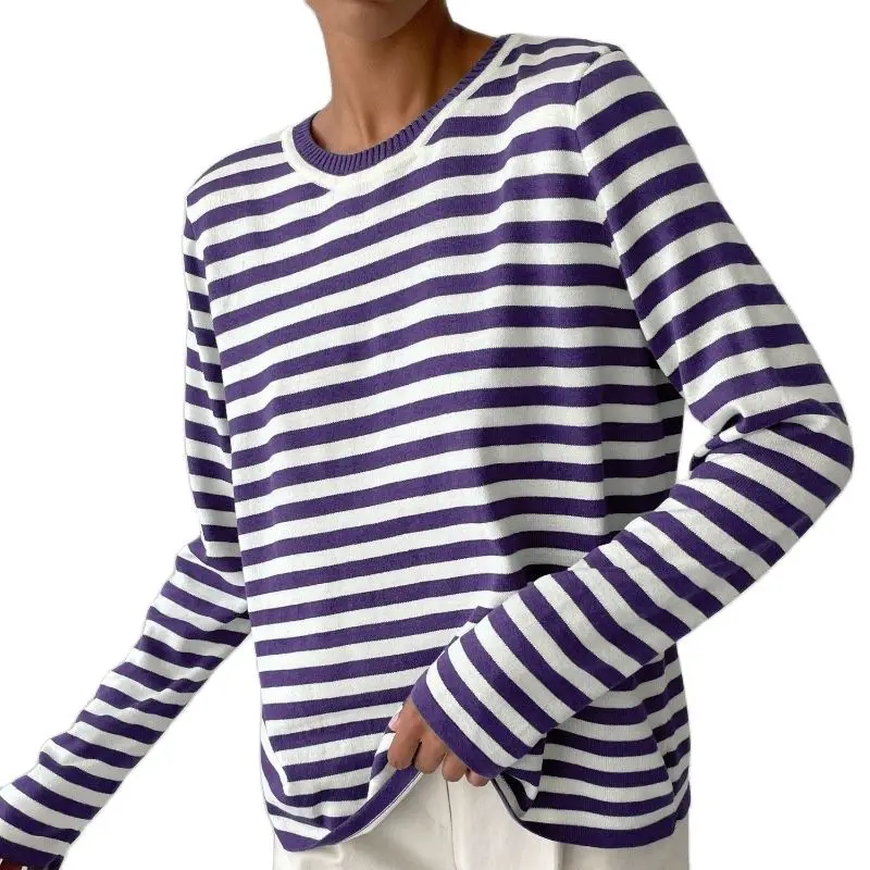 2022 Autumn Winter Women Knitted Striped Pullover Tops Loose Casual Thick Female Warm Long-sleeved Round Neck T-Shirt