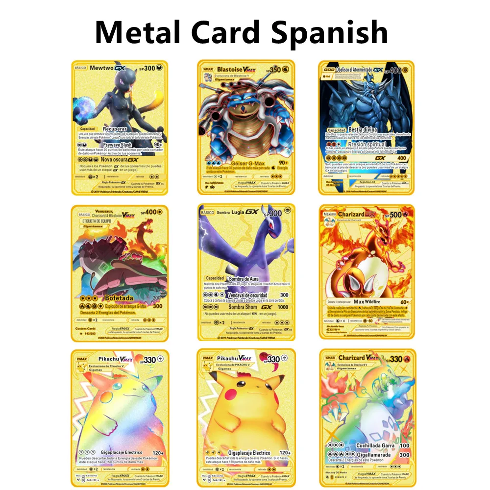 

Spanish Pokemon Cards Metal Pokemon Letters Spanish Pokemon Iron Cards Mewtwo Pikachu Gx EX Charizard Vmax Gift for Kids Toys