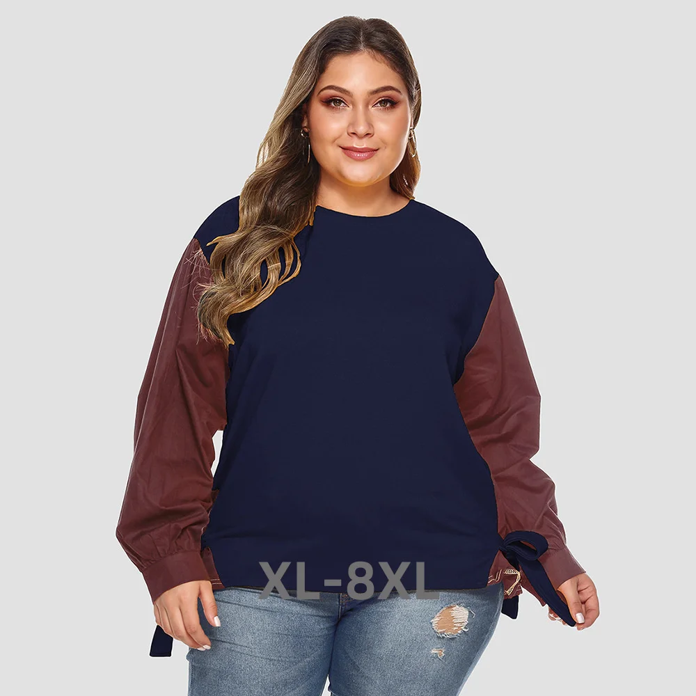 

Plus Size Women Spring Sweatshirts Patchwork Color Pullover Sweatshirts Tops O-neck Oversize Tops 3xl 4xl 5xl 6xl