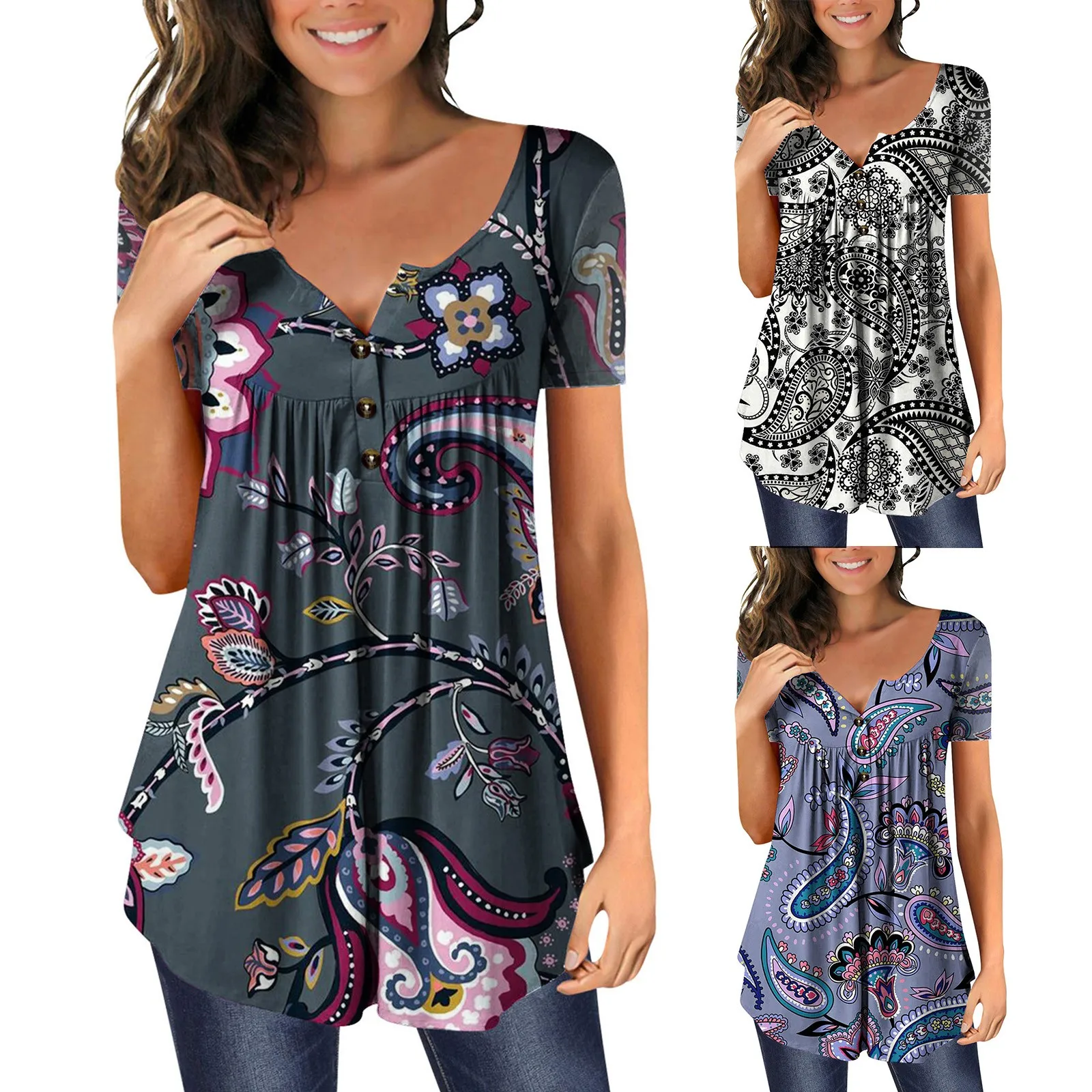 

Женская плиссированная футболка с коротким рукавом и пуговицами, с цветочным принтом, повседневные женские повседневные рубашки, женские с...