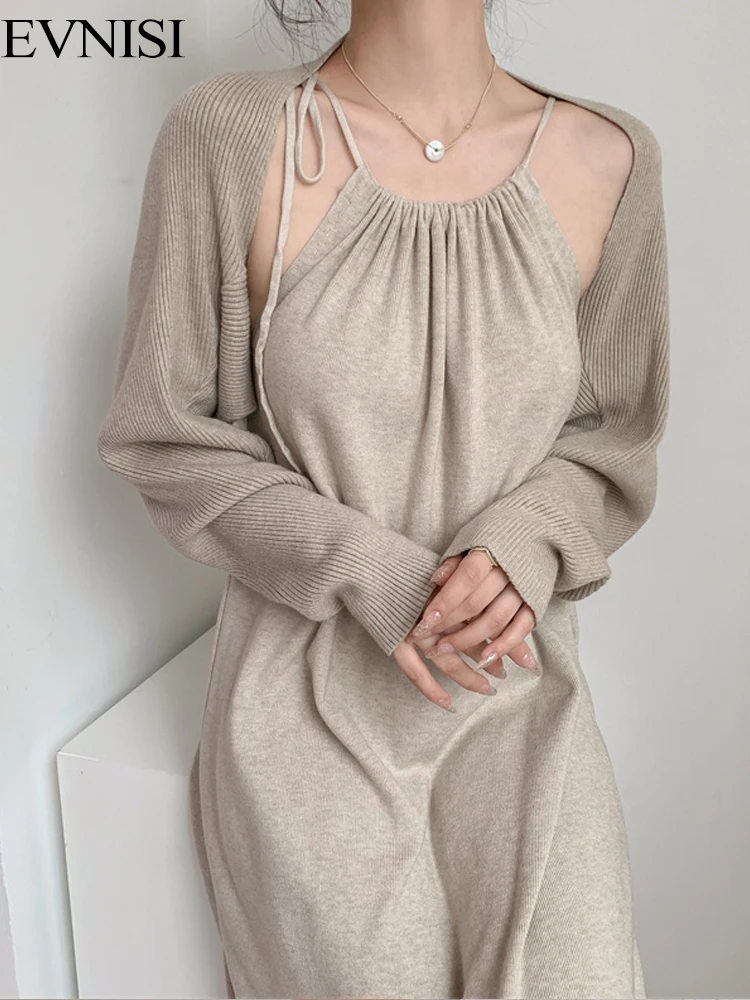 

EVNISI Elegant Knitted Cross Halter Long Dress 2 Piece Set Women Autumn Spring Office Lady Chic Club Party Dresses Sets Sweater