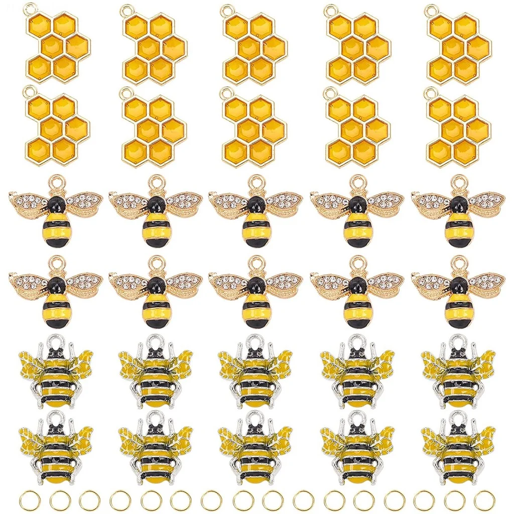 

30pcs 3 Styles Bees Charms Pendants Animal Bees Honeycomb Enamel Charm with 5g Jump Rings for Necklace Bracelet DIY Craft Making