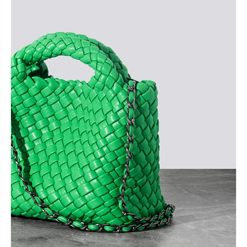 YANATARI Women 2023 small genuine leather designer woven bag bucket Bag mini shoulder handbag  Cowhide green Crossbody Bag