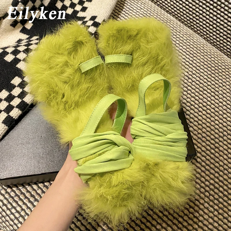 

Eilyken Street Style Faux Fur Women Sandals Lace Up Sexy Clip Toe Gladiator High Heel Shoe Candy Colors Summer Ladies Flip Flops