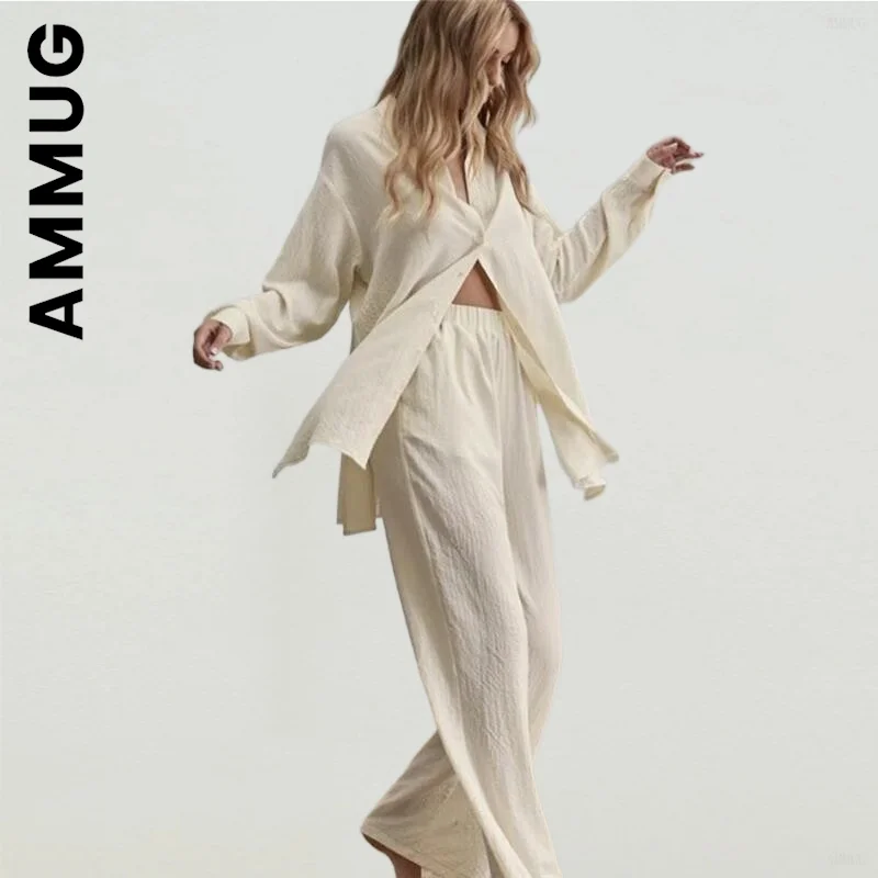 

Ammug New Women Set Soft Tops And Pants Casual Long Pants Women's Pants Lady Elegant Lapel Two Piece Sets Ladies Loose Female