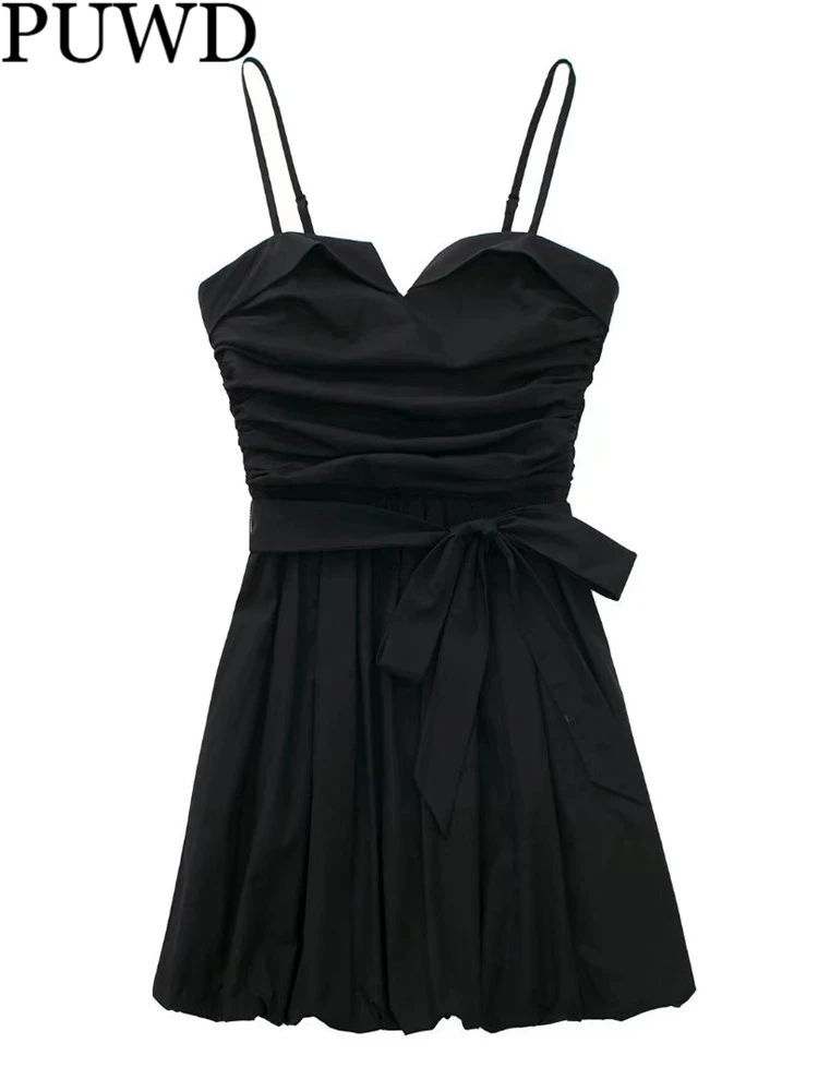 

PUWD Women Waist V Neck Solid Color Dress 2022 Spring Fashion Ladies High Street Vintage Dress Female Black Mini Sling Dress