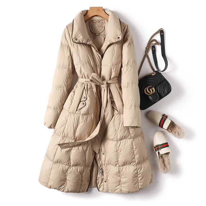 Top Fashion Design Thin 85%  White Duck Down Long Down Jacket Women  Office Lady  Adjustable Waist  Winter Coats Women
