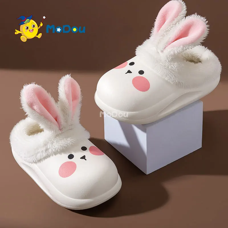 

Mo Dou Korean Style Children's Warm Slippers Girls Indoor Cartoon Design Plush Waterproof Upper Comfortable Lining Boys Shoes