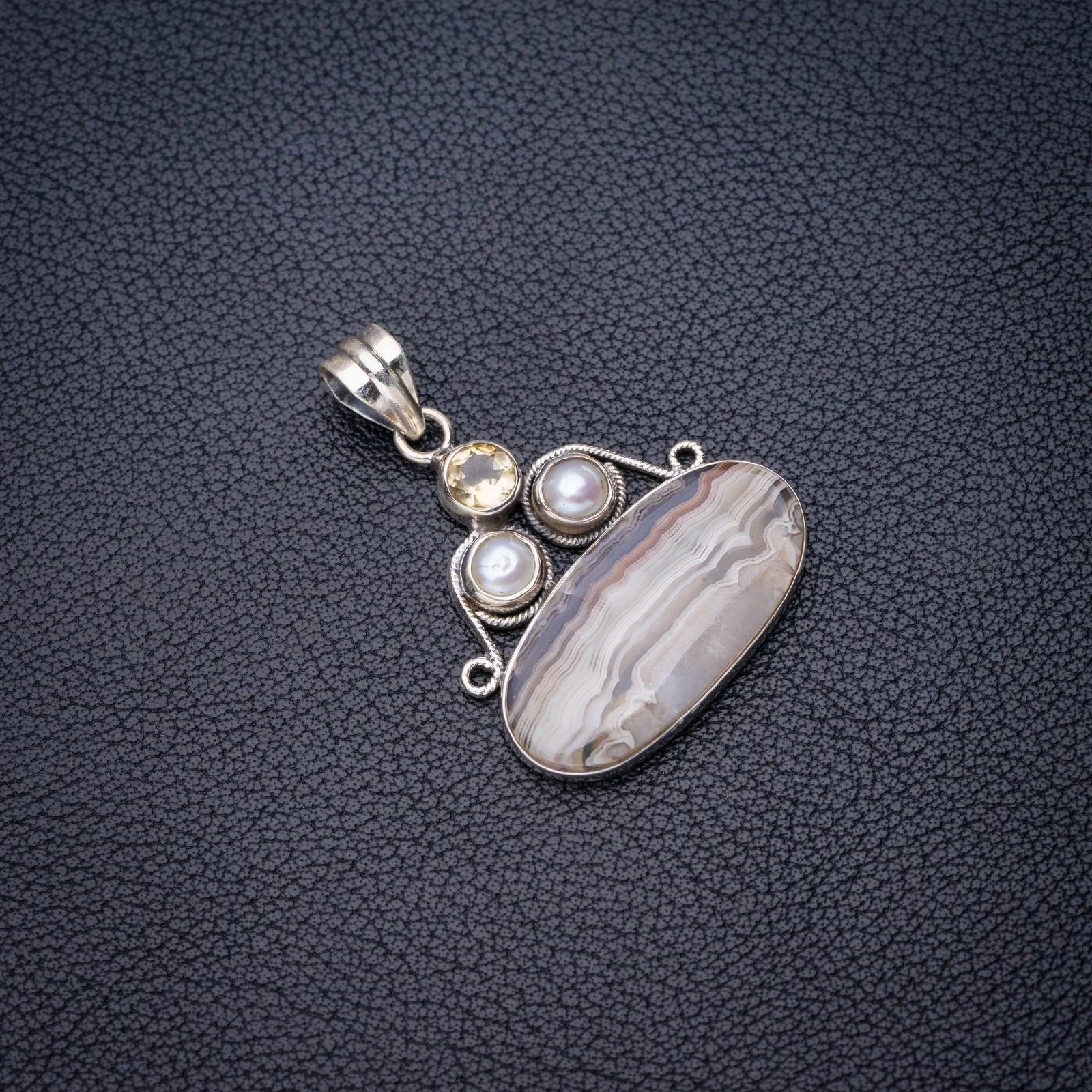

StarGems Natural Crazy Lace Agate Citrine And River Pearl Handmade 925 Sterling Silver Pendant 1.5" E4737